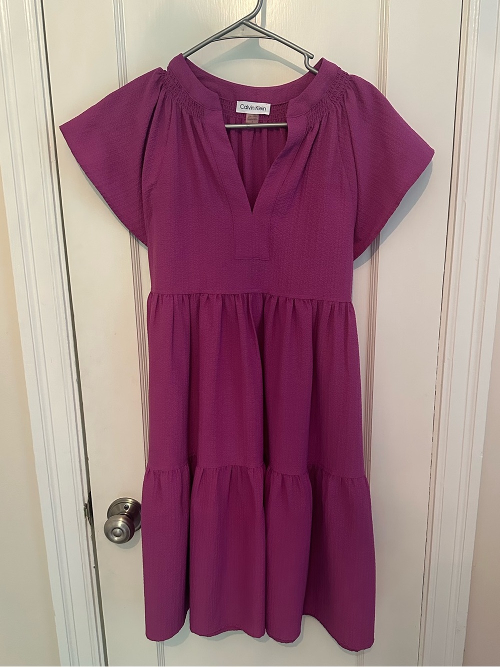 Calvin Klein Women’s Magenta Tiered Smocked-Neck Dress